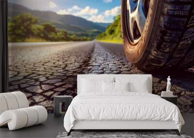 Close-up of Car Tire on Road, Detailed View of Tread on Asphalt, Travel and Adventure Concept Wall mural