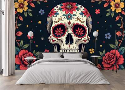 Colorful sugar skull decorated with flowers and intricate designs, symbolizing the Day of the Dead celebration in a vibrant style Wall mural