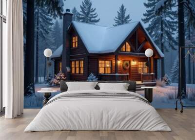 Cozy cabin illuminated at dusk surrounded by snow-covered trees in a winter wonderland setting Wall mural