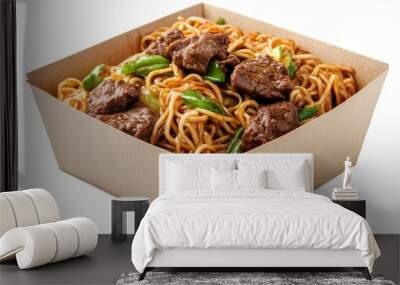 Delicious paper box filled with savory noodles and tender beef chunks, perfect for a quick meal or snack Wall mural