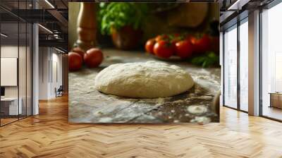 Dough on wooden board with tomatoes and herbs in background Wall mural