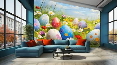 Easter eggs with floral patterns among spring flowers. Wall mural