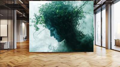 Enchanting figure emerges from mist, adorned with lush foliage, embodying the spirit of nature in a dreamlike forest setting during twilight hours. Generative AI Wall mural