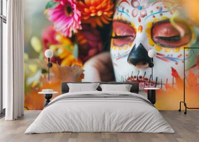 Face with Day of the Dead makeup and floral decor Wall mural