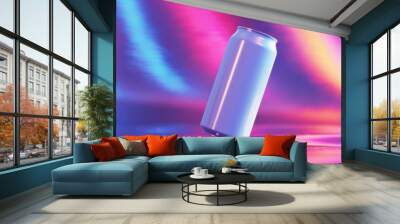 Floating white soda can mockup against a vivid neon abstract background with blurred colors and glowing lights at twilight Wall mural