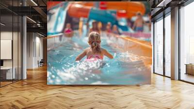 Girl in pink swimsuit swimming down a water slide in a water park, bright colors and sunny day Wall mural