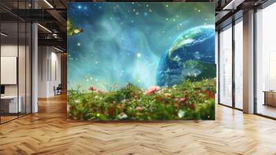 Globe on blooming field background with sun rays Wall mural