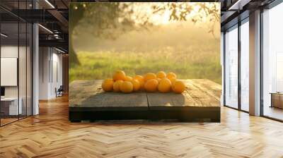 Golden hour highlights fresh citrus fruits laid on a rustic table in a sunlit tree field, creating a serene outdoor atmosphere Wall mural