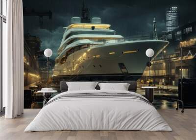 Large yacht undergoing maintenance in dry dock with dramatic industrial lighting at night Wall mural