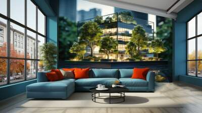 Modern environmentally friendly building. Sustainable glass office with wood to reduce carbon footprint. Office surrounded by greenery. Corporate buildings reduce CO2 emissions. ai generative Wall mural