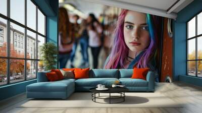 rebellious teenage girl in a school hallway, leaning against lockers, with colorful hair and a piercing gaze, surrounded by other students Wall mural