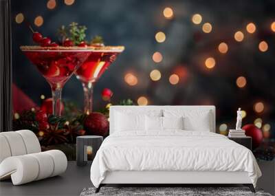 Refreshing Christmas cocktails beside festive decorations with bokeh lights shining in the background Wall mural