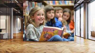 School children engaged in storytelling during library time, sparking imagination and joy in a nurturing environment Wall mural