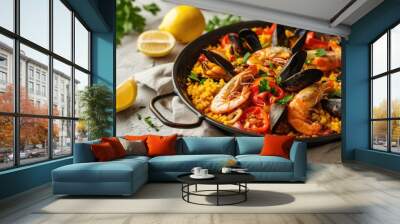 Seafood paella with lemon Wall mural