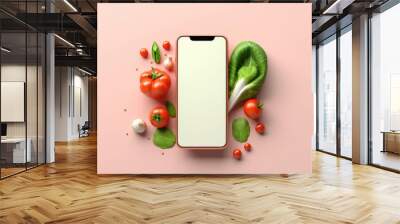 Smartphone with blank screen and fresh groceries. online grocery shopping app Wall mural