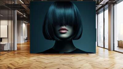 Stylish woman with shiny bob haircut posing against a dark background in a modern hair styling session Wall mural