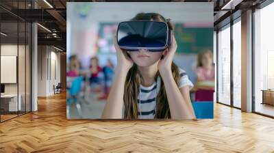 Teen girl studying with VR headset in classroom Wall mural