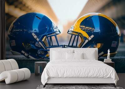 Two blue and yellow football helmets face each other, emphasizing rivalry and teamwork in a competitive sporting event Wall mural