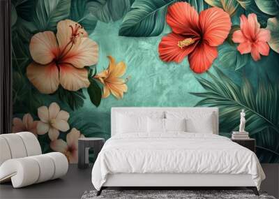 Vibrant vintage wallpaper design featuring tropical botanical flowers in a lush arrangement Wall mural