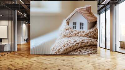 Warmly wrapping a small model house in a woolen scarf atop a white radiator for effective home insulation against winter cold Wall mural