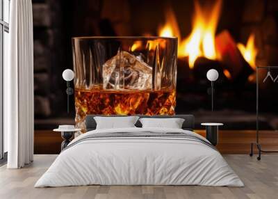 whiskey with ice on the background of the fireplace. Cozy relaxed atmosphere by the fire Wall mural