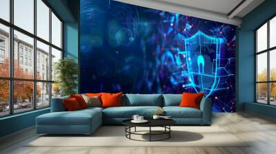 Digital artwork showcasing cyber security and digital data protection concept with an icon graphic interface demonstrating secure firewall technology defending online data access against hackers Wall mural