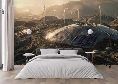 Photorealistic depiction of a solar panel farm built on a landfill with adjacent wind turbines emphasizing environmentally friendly installation bright and sunny detailed surroundings Wall mural