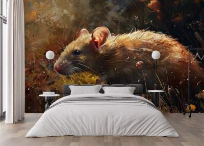 A close-up of a brown rat in a field of yellow wildflowers. Wall mural