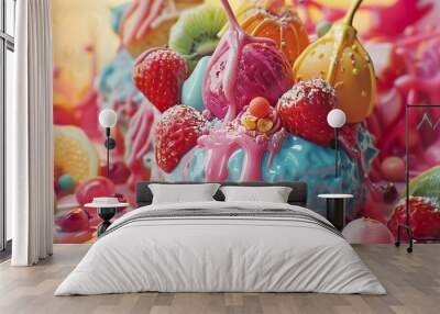 A colorful abstract still life with fruit, candy, and frosting. Wall mural