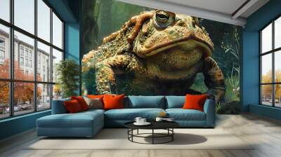 A large toad with brown and green skin sits on a mossy forest floor, surrounded by greenery. Wall mural