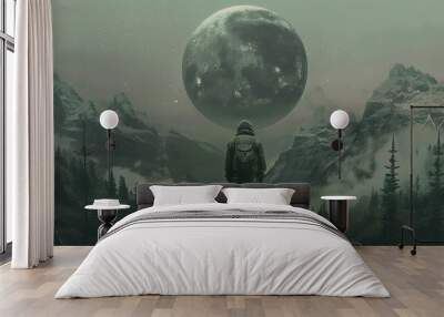 A lone figure stands on a mountaintop, gazing up at a massive moon in a surreal, foggy landscape. Wall mural