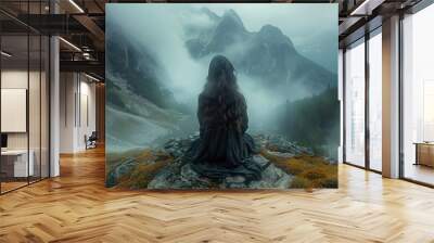 A lone woman sits on a mountain peak, gazing at the mist-shrouded valley below. Wall mural