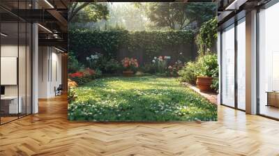 A lush green garden with a brick path, surrounded by wooden fences and a variety of flowers Wall mural