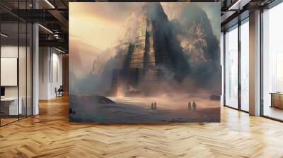 A majestic ancient temple built into a mountain, shrouded in mist and surrounded by a vast desert landscape. Two figures walk towards it. Wall mural