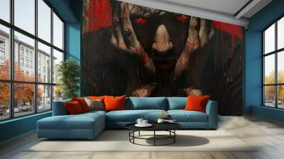 A man with red eyes and bloody hands, painted on a red background, expressing anguish and despair. Wall mural