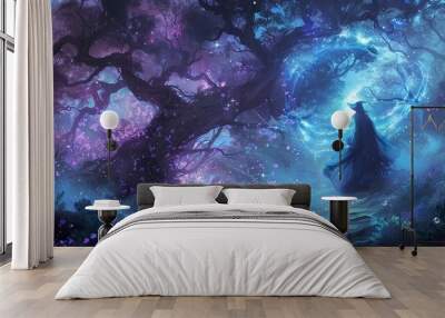 A mystical figure stands in a glowing forest, surrounded by swirling blue light and blooming pink flowers. Wall mural