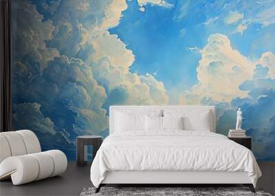 A painting depicting a blue sky with white clouds. Wall mural