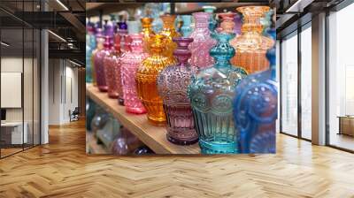 A row of colorful glass bottles on a shelf, each with a unique design. Wall mural