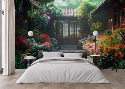 A serene and vibrant courtyard with blooming flowers, a stone pathway, and a traditional wooden door. Wall mural