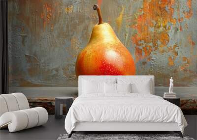 A single ripe pear with a yellow-red skin, sits on a rustic wooden surface in front of a textured, colorful background. Wall mural