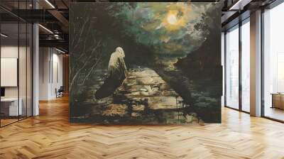 A solitary figure in a hooded cloak sits on a stone path leading to a lake under a full moon, surrounded by a dark forest. Wall mural