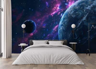 A stunning cosmic landscape featuring two planets, one with a blue and green surface, the other with a dark blue surface, bathed in the glow of a nebula. Wall mural