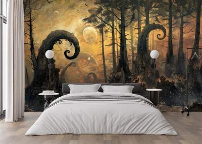 A surreal forest landscape with twisted trees and a glowing sky, creating a mysterious and dreamlike atmosphere. Wall mural