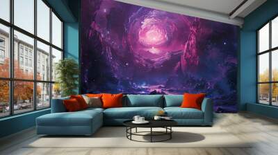 A surreal landscape with a glowing orb in the sky and a river winding through the rocky terrain. Wall mural