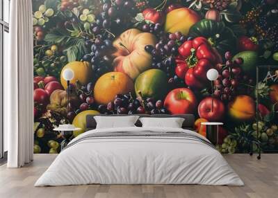 A vibrant and colorful still life featuring a variety of fresh fruits and vegetables, including apples, grapes, oranges, bell peppers, and pomegranates. Wall mural