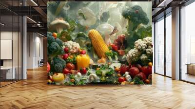 A vibrant and surreal still life of fresh vegetables and fruits arranged in a forest setting, bathed in a mystical light. Wall mural