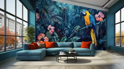 A vibrant blue and yellow macaw perched on a branch in a lush tropical jungle with pink hibiscus flowers. Wall mural