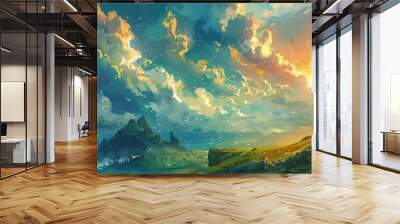 A vibrant sunset paints the sky with golden hues, illuminating a picturesque landscape of rolling hills, distant mountains, and a sea teeming with birds. Wall mural