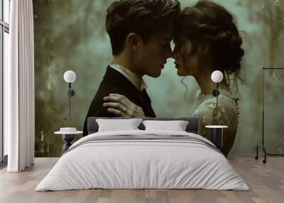 A vintage portrait of a couple in love, embracing each other, against a faded background. Wall mural