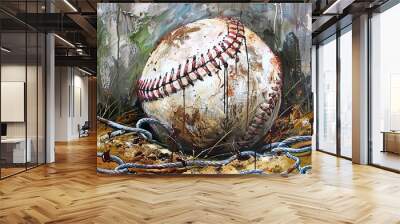 A weathered baseball sits on a field of grass, with a rope and nails around it. The ball is covered in dirt and has blood dripping from it. Wall mural